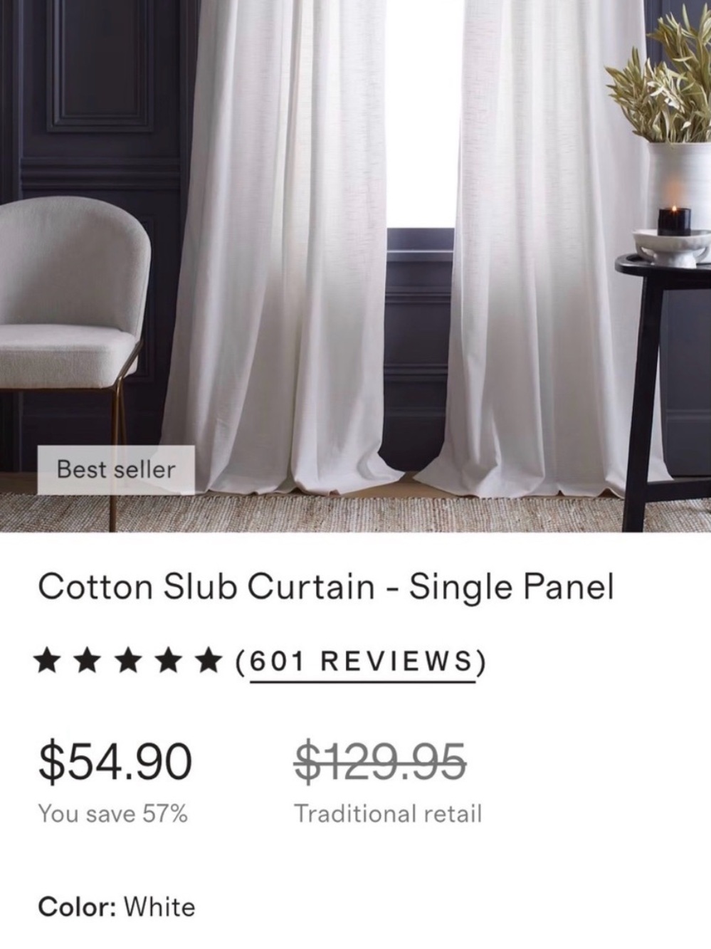 Quince White Curtain Single Panel Slub 48x96 (one panel) - Picture 2 of 3